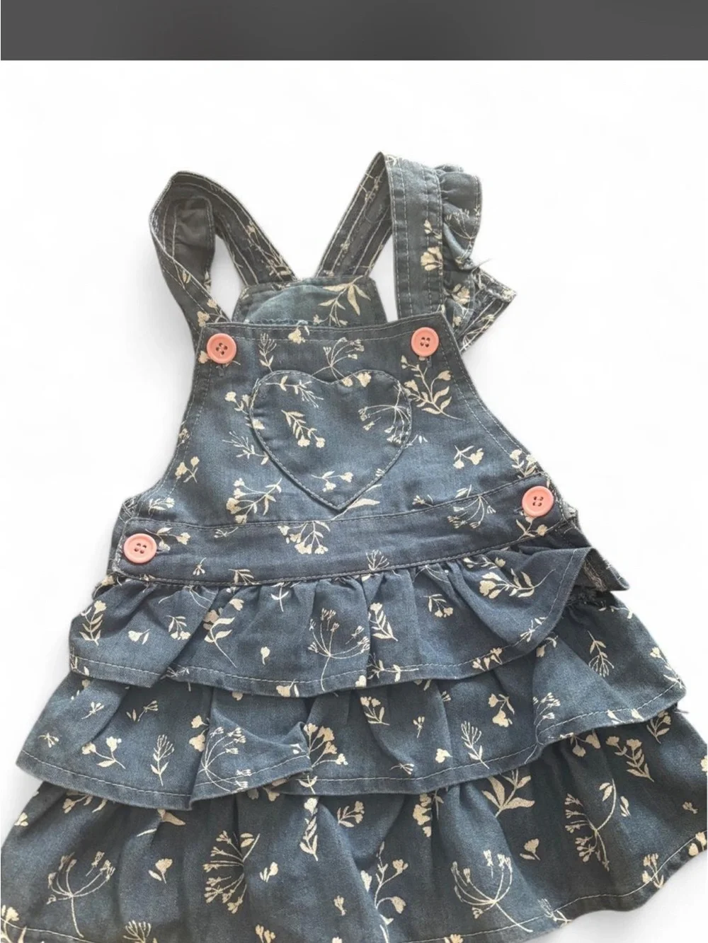 Denim-Blue Floral Ruffle Overall Dress for Girls